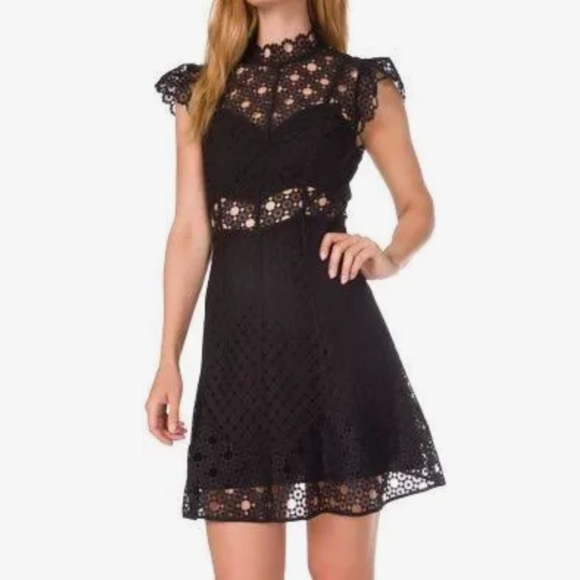 Sandro Jannie Lace A-Line Mini Dress Black Cap Flutter Sleeve Mini Size 38 - Picture 5 of 16